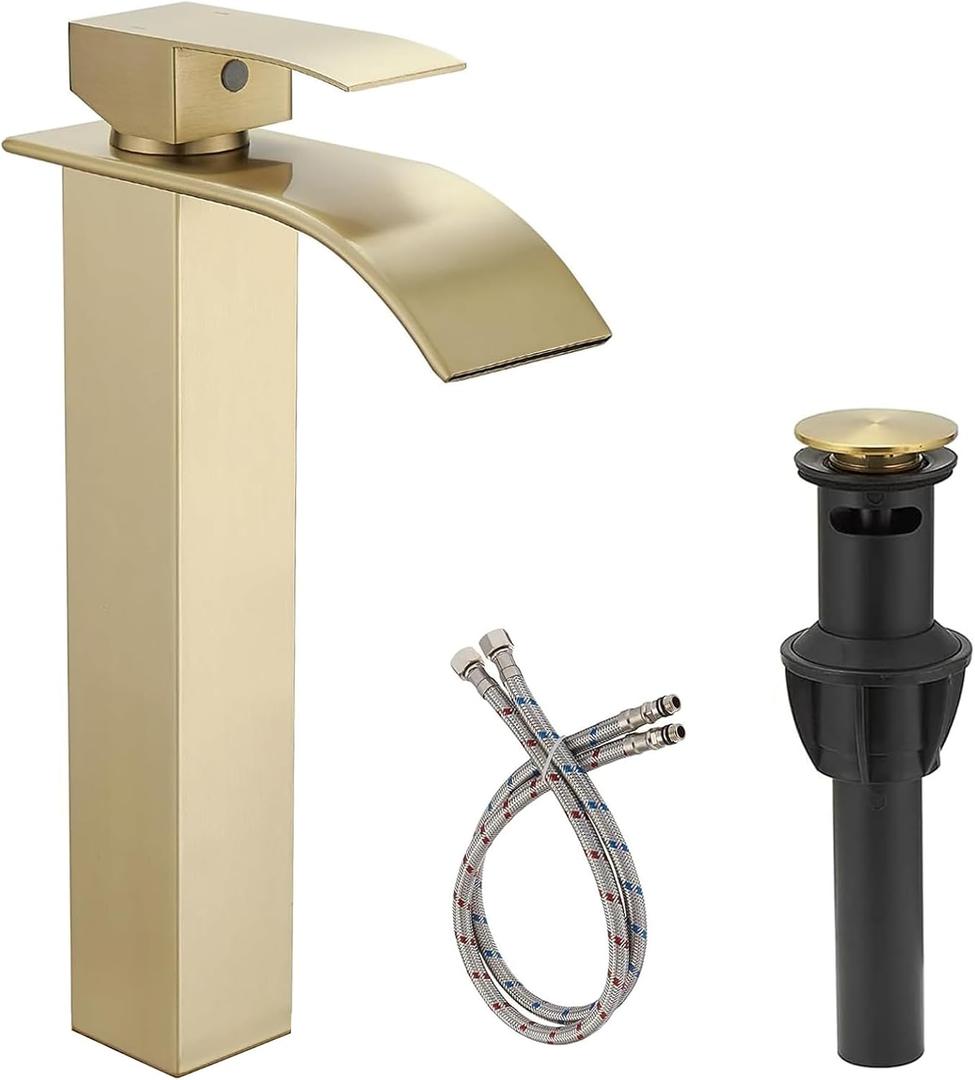Brushed Gold Bathroom Vessel Sink Faucet, Waterfall Bathroom Faucet, Vessel Faucet, Tall Body High 1 Hole Single Handle with Pop Up Drain Combo Vanity Mixer Tap Commercial Basin Bowl Sink (11.5-Inch Vessel Sink Faucet)