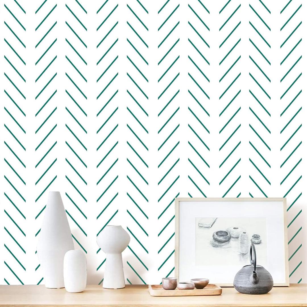 Erfoni Green and White Peel and Stick Wallpaper Herringbone Contact Paper for Bathroom 17.7inch x 118.1inch Modern Geometric Removable Wallpaper Peel and Stick Line Self Adhesive Contact Paper