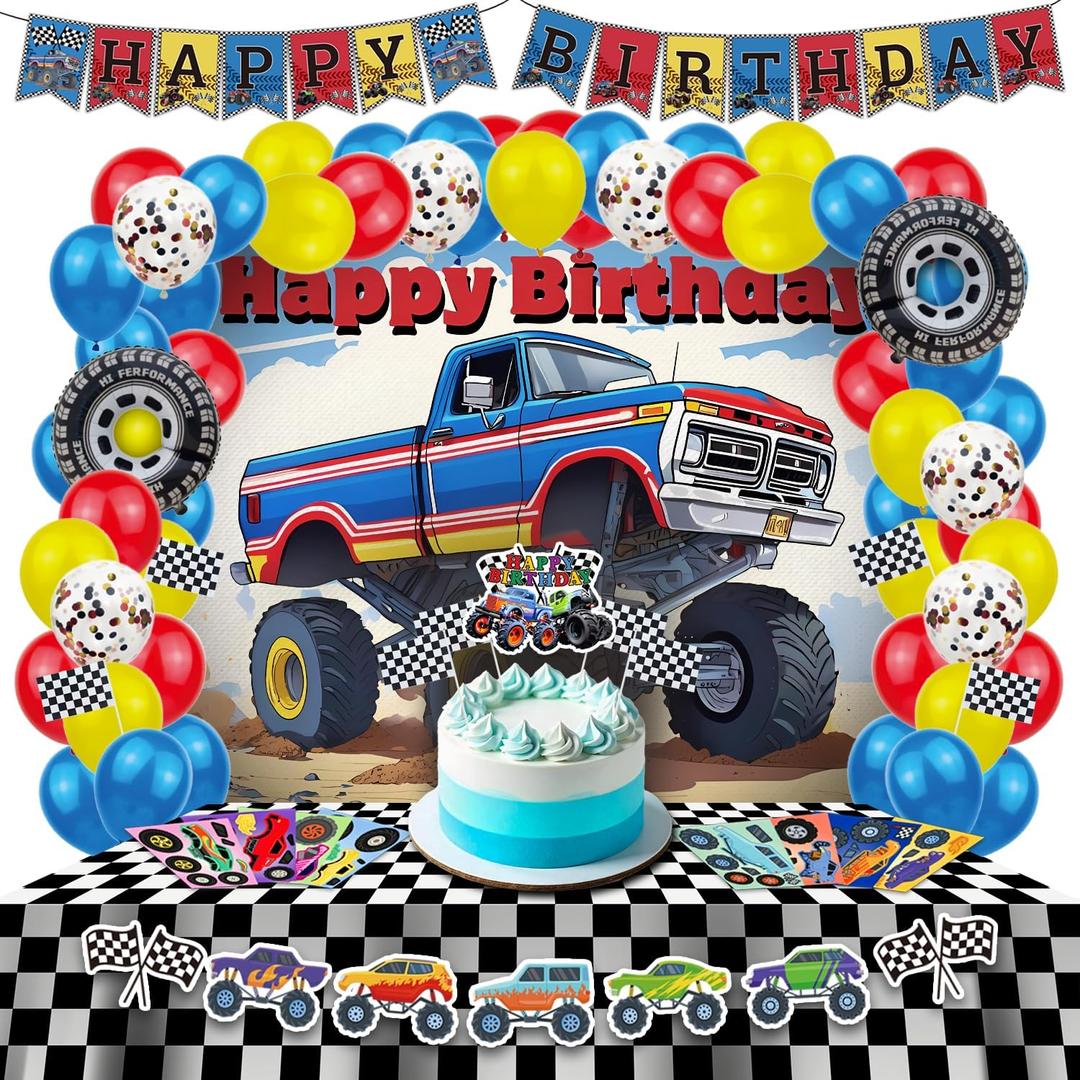 Monster Truck Birthday Decorations - Cake Topper, Banner, Backdrop, Latex Balloons, Foil Balloons, Table Cover, Sticker Set,149Pcs Set, Monster Truck Party Decorations (Red and Blue)