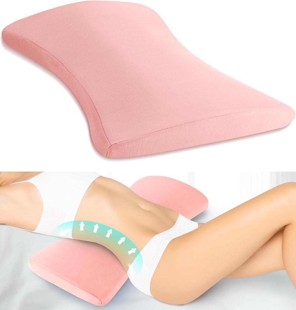 Lumbar Support Pillow for Bed Relief Back Pain: Lower Back Pillow for Sleeping - Memory Foam Waist Pillow - Back Wedge Bolster Pillow for Side, Back&Stomach Sleepers - Bed Rest Pillow for Car, Sofa (60x26x5.5 cm, Pink)