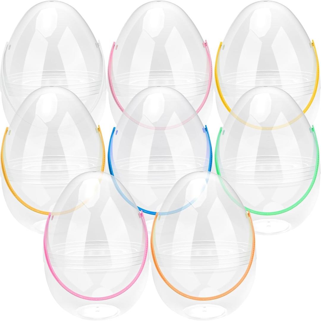 10 Inch Giant Clear Easter Eggs Fillable 8Pcs Jumbo Plastic Easter Eggs Large Clear Easter Egg Empty for Easter (8 Pcs - Clear with Colorful Handle (10 Inch))
