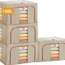 Large Storage Bags,Stackable Clothes Storage Bins with Hold Shape Metal Frame,Foldable Closet Organizer Containers with Zipper,Clear Window,Thick Fabric for Seasonal Clothing (Beige, 100L x 4 Pack)