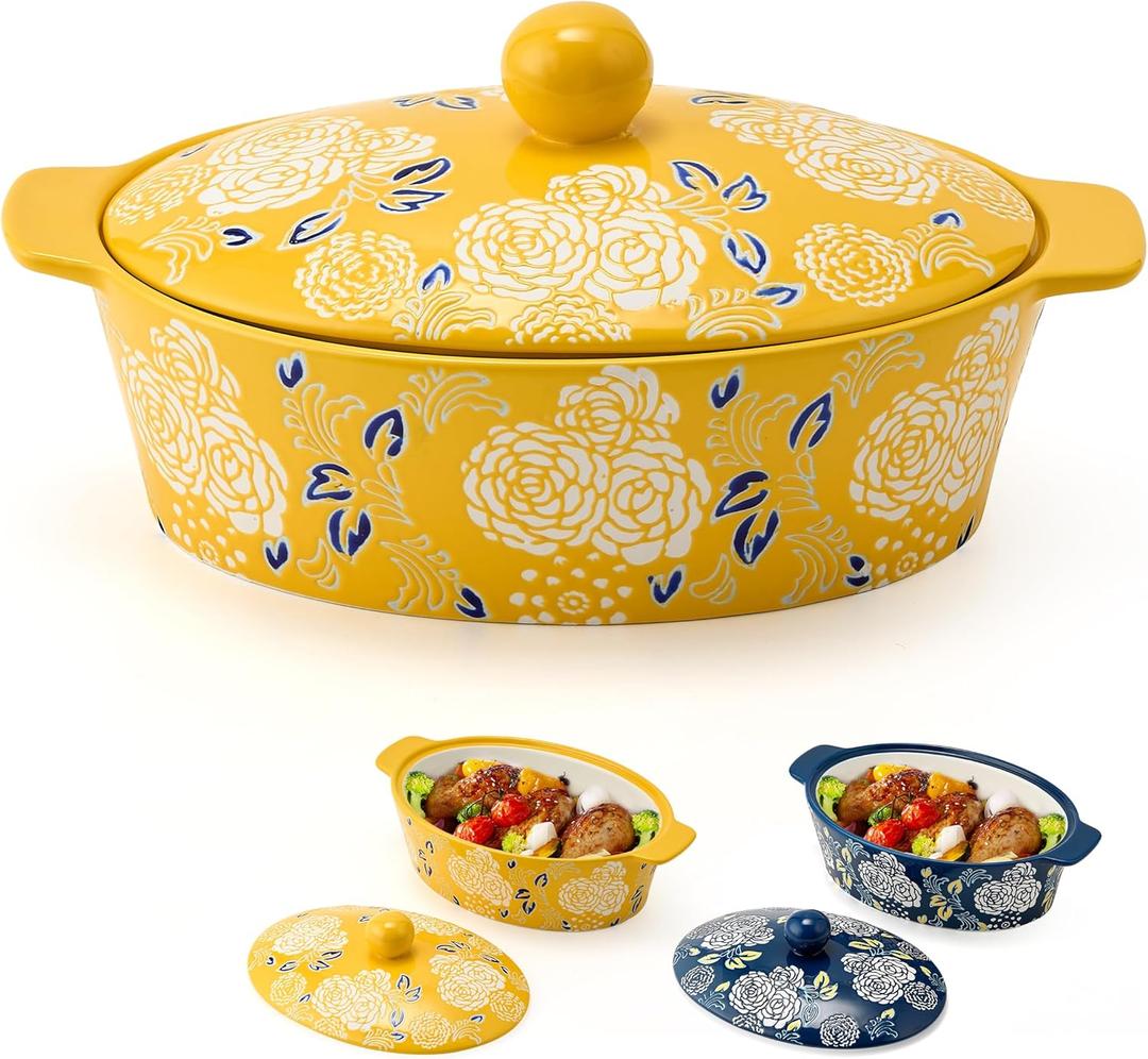 Ceramic Casserole Dish With Lid, Casserole Dishes for Oven, Baking Dish Lasagna Pans For Cooking, Oval Baking Pan, Dutch Oven, Perfect for Bread Baking and Serving, Housewarming, Christmas - Yellow, 13" Large