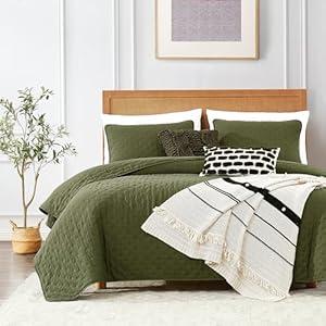Green Queen Size Quilt Bedding Sets with Pillow Shams, Olive Lightweight Soft Bedspread Coverlet, Sage Quilted Blanket Thin Comforter Bed Cover, All Season, 3 Pieces, 90x90 inches