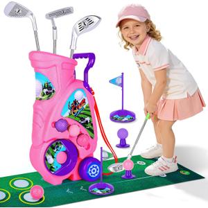 Toddler Golf Set for 2 3 4 5 Years Old Boys Girls,Kids Golf Clubs with Putting Mat, Upgraded Kids Golf Cart with Putting Mat & Cornhole Board, Outdoor Indoor Sports Toys - Pink
