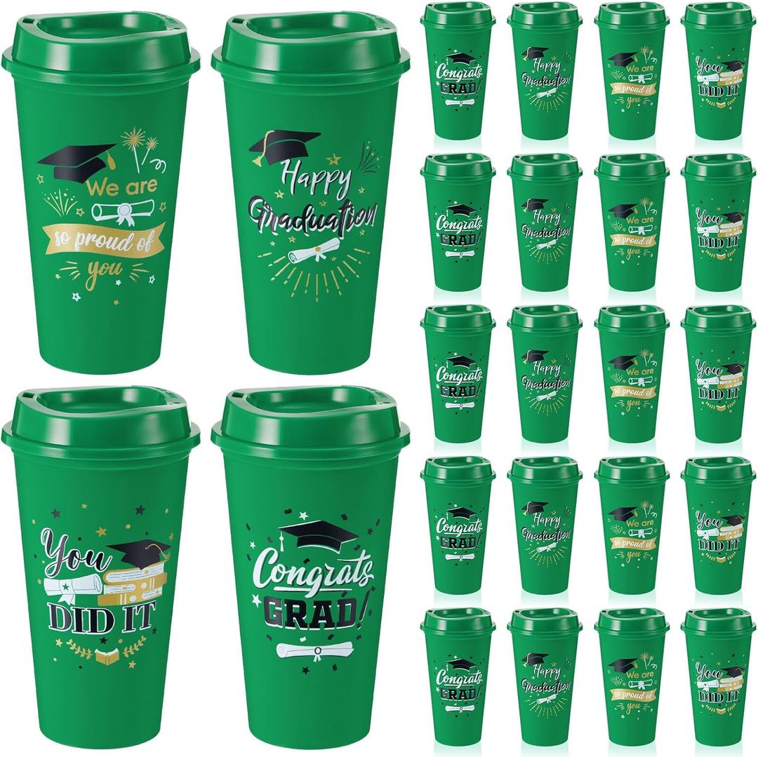 24 Pcs Graduation Tumblers Class of 2025 with Lids,16 oz Reusable Grad Plastic Cups Gifts in Bulk for Students Graduation Party Favors Decorations Supplies(Green)