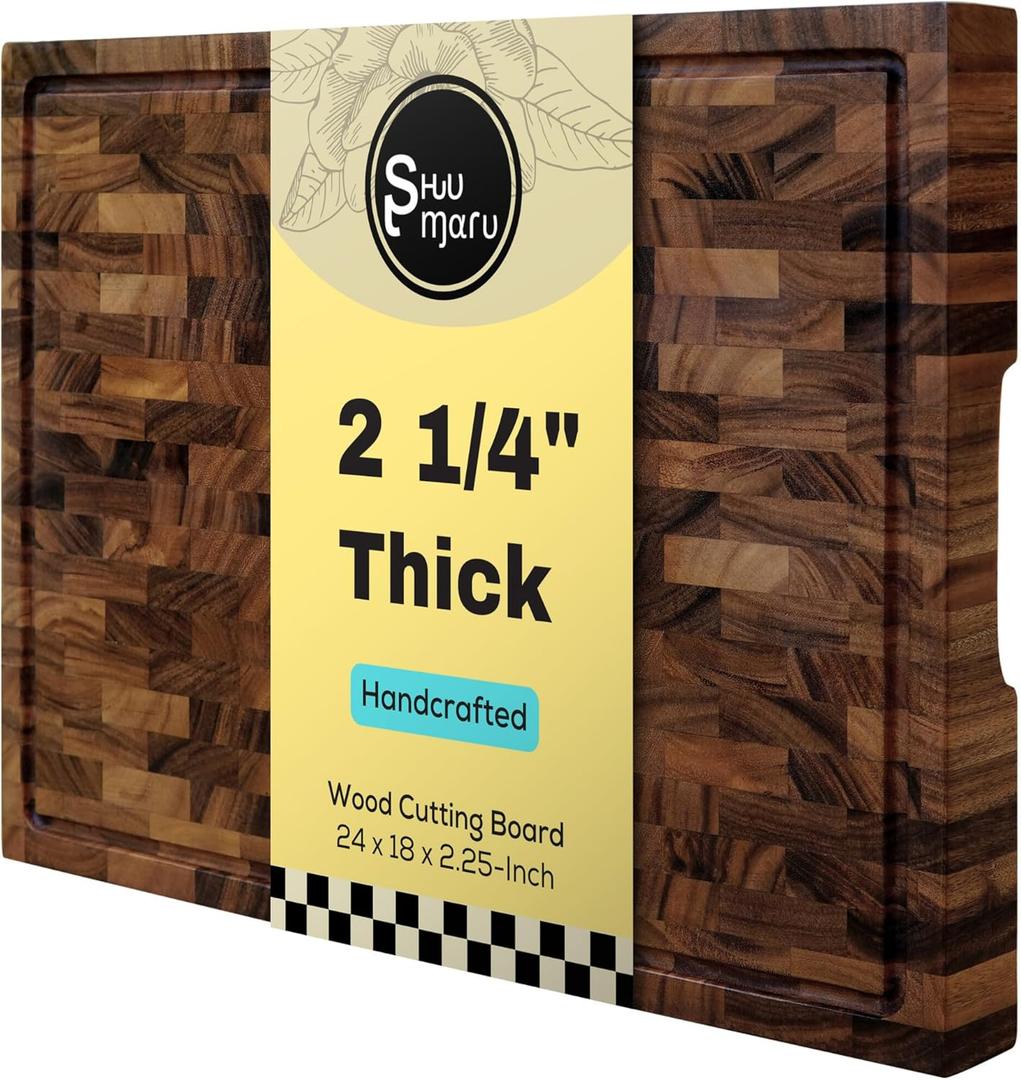 Shumaru Butcher Block Cutting Board - [24" x 18" x 2.25"], End-Grain Tropical Walnut Kitchen Chopping Block with Non-Slip Feet, Built-in Handles & Juice Groove
