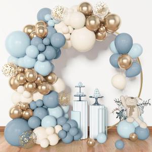 Amandir 153pcs Dusty Blue Balloon Garland Arch Kit, Different Sizes 18 12 10 5 inch Blue White Sand Latex Metallic Confetti Gold Balloons Baptism Birthday Boho Baby Shower Party Decoration Supplies