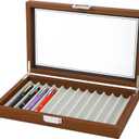 Pen Display Box, Elegant Walnut Fountain Pen Storage Case, 12 Slot Display, Smooth Woodgrain, Glass Cover, Smooth Metal Hinges Pen Display Case Ideal for Collectors