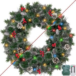 Remote Control 24 Inch Christmas Wreaths for Front Door Christmas Wreath with 50 Warm White & Colorful Lights 8 Mode Timer Snowy Bristle Pine Tips Pinecones Red Berried Xmas Wreath for Home Wall Porch