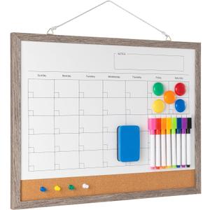 Dry Erase Calendar Whiteboard, 17" x 13" Magnetic Whiteboard Cork Board Combo, Reusable Monthly Planner with 8 Markers, Eraser, Magnets and Push Pins to Hang Dry Erase Board for Home, School - Gray