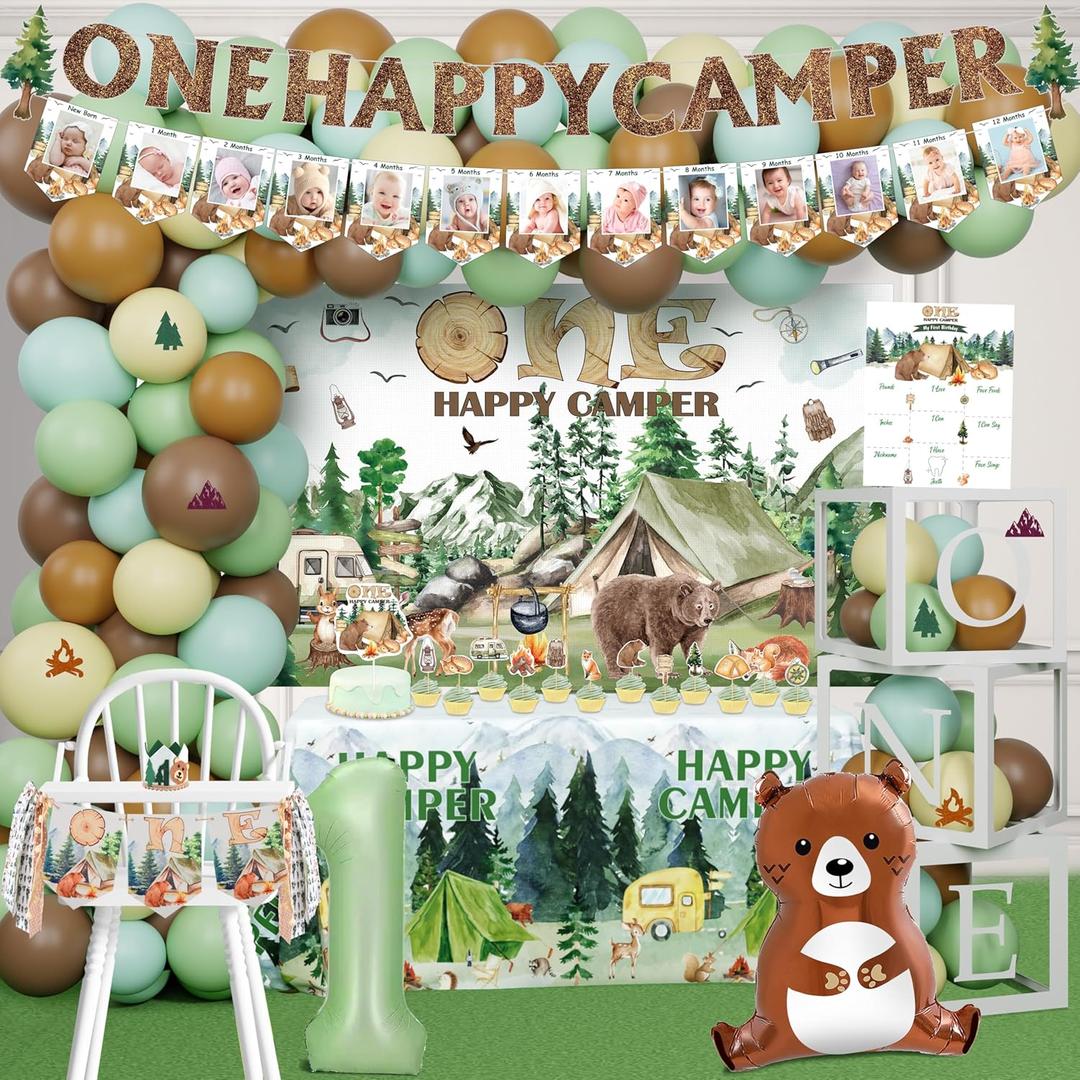 One Happy Camper Birthday Decorations 109Pcs Camping 1st Birthday Party Supplies Camp Themed Balloon Garland with Balloon Box Backdrop Monthly Photo High Chair Banner Cake Topper Cutout Crown Poster
