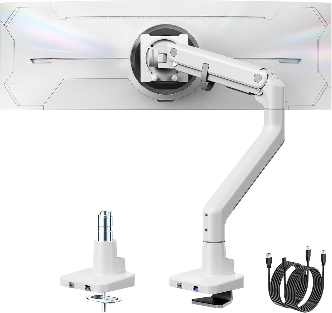 monTEK Single Monitor Arm with USB A/C, Ultrawide Monitor Stand for 17 to 57 Inch Curved Screen, Holds 59.4 lbs, Adjustable Gas Spring Arm, 75/100 VESA Mount, Clamp & Grommet Desk Mount, White
