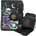 Goth Gothic Skull Small Wallet Women RFID Blocking Bifold, Credit Card Holder, Zipper Coin Pocket, PU Leather, Funny Witchy, Compact, Travel, 4 ID Window 14 Card Slots, Cash Purse, Ladies Woman