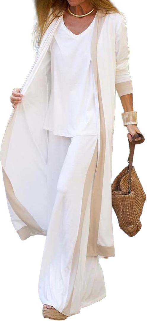 SOMTHRON Women's 3 Piece Outfits Loungewear Sets Long Cardigan Cover up Tank Top Wide Leg Loose Pants Set Tracksuit (X-Large, White1)