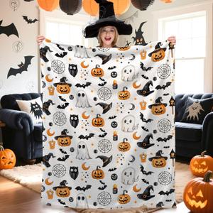 Pumpkin Bat Ghost Blanket, Halloween 50 x 60 Inch Throw Lightweight Super Soft Cozy Horror Blankets for Couch Bed Sofa Chair
