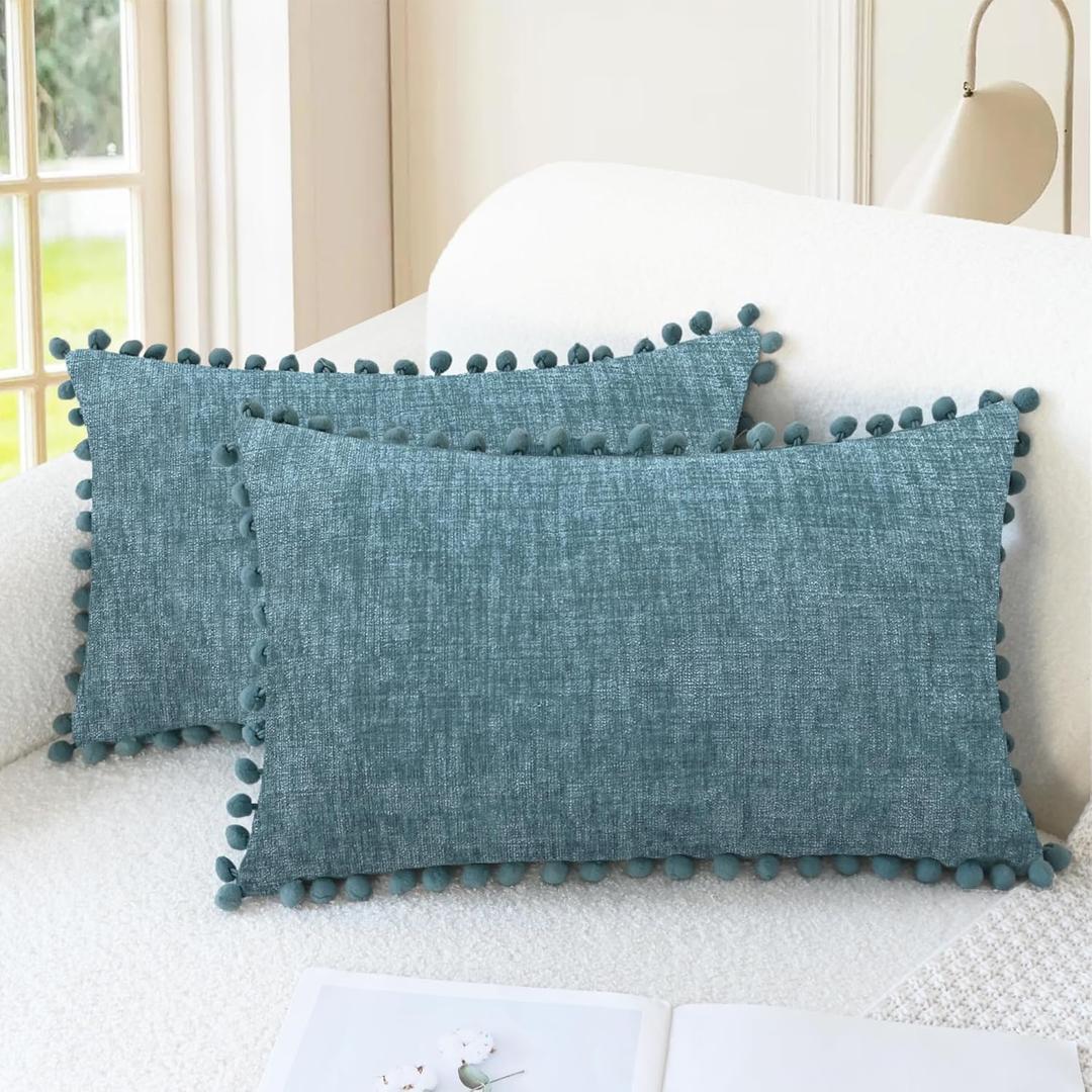 CaliTime Throw Pillow Covers Decorative 20 X 12 Inches Pack of 2 Cozy Solid Dyed Soft Chenille Cushion Cases with Pom Poms for Couch Sofa Bed Living Room Home Smoke Blue