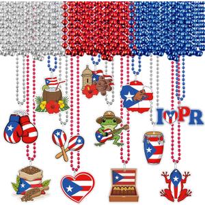 Kenning 48 Sets Puerto Rico Beaded Necklaces 12 Styles Cards Puerto Rico Charms Souvenirs Gifts Pr Flag Party Favors Necklaces Bulk for Pr Patriotic Anniversary National Day Decorations
