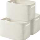 Storage Basket - Woven Cotton Rope Baskets for Organizing, Decorating Shelves, Books, Towels, Toys - 3 Pack - White