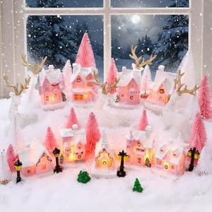 Kasyat 19 Pcs Christmas Village Set LED Lighted Christmas Village Houses Accessories with Xmas Tree Streetlight Figurines Crafts Town Scene Deer (Pink)