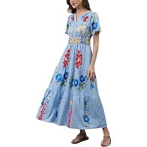 ACCPUR Women's Summer Boho Maxi Dresses Floral V Neck Tiered Short Sleeve Long Dress Flowy Beach Vacation Dress with Pockets Light Blue S