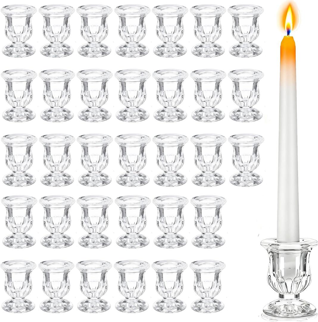 48 Pcs Clear Glass Taper Candle Holders Bulk, 2.5 Inch Small Candlestick Stands, Elegant Table Centerpieces for Wedding, Christmas, Valentine’s Day, Party, Home and Dining Room Decorations (Clear)