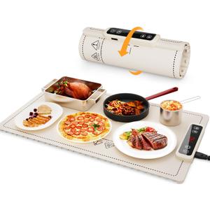 Portable Food Warming Mat for Food: Electric Real-Time Temp Display Food Warmers for Parties, Buffets, Gatherings, 5 Temp Levels, Timer, Auto Shut-Off (Champagne Beige)