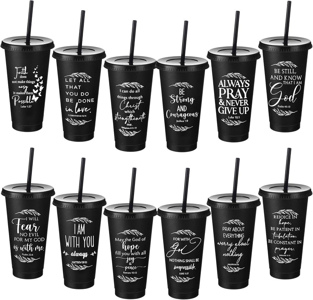 Havawish Inspirational Christian Gift Bible Verse Tumbler Bulk 24 oz Drinking Tumblers with Lid Straw Religious Plastic Cup for Women Men Bible Study Group Sunday School Church (Black, 4 Pack)
