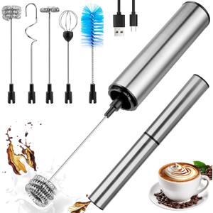 Milk Frother Wand for Coffee, Coffee Foamer Drink Mixer,Handheld Frother Rechargeable Electric Whisk with 5 Heads 2 Speeds for Latte, Cappuccino, Hot Chocolate, Egg (Home and Travel Set Silvery)