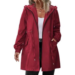IN'VOLAND Women's Rain Jacket Plus Size Long Raincoat Lightweight Hooded Windbreaker Waterproof Jackets with Pockets (24 W, Red)