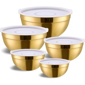 Gold Mixing Bowls with Airtight Lids, Stainless Steel Nesting Mixing Bowls Set of 5, Ideal for Baking, Prepping and Serving Food, Size 5.5, 3.6, 2.7, 2.1, 1.5, QT, Stackable Design