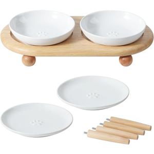 Raised Ceramic Wide Whisker Friendly Cat Dishes, Food& Water Bowl with 2 Style Stand Adjustable Raised Pet Bowl Set(2Dish+2Shallow Dish+Stand, White
