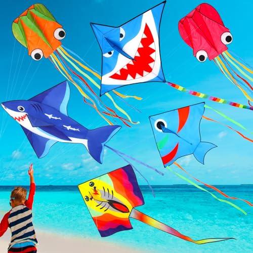 Leitee 6 Pack Large Kite for Kids and Adults Butterfly Kite for Kids Age 4-8-12 Dragonfly Owl Parrot Eagle Goldfish Teens Toy Easy to Fly for Game Beach Outdoor Activities Gifts(Ocean Style)