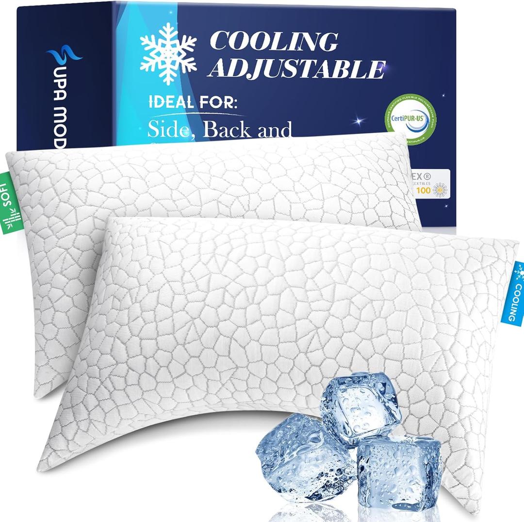 Cooling Pillow Queen Size Set of 2, Adjustable Bed Pillows for Sleeping, Luxury Shredded Memory Foam Side Sleeper Pillows 2 Pack, Cool No Flat Firm Cervical Neck Pillow for Side Sleepers Neck Pain (Crescent White(cooling)