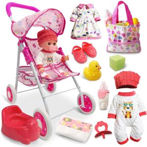 Baby Doll Stroller Set Interactive Baby Doll Eyes Open & Close with Doll Accessories Pretend Play Playset Realistic Baby Stroller Toy for Kids Toddlers Girls Ages 3+