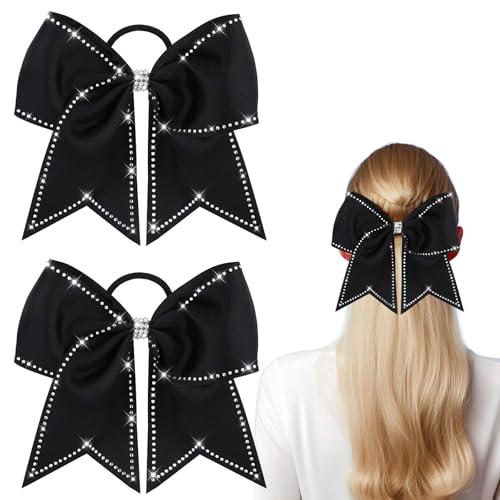 2 Packs Jumbo Cheerleading Bow 8 Inch Large Cheer Hair Bows with Ponytail Holder for Teen Girls Softball Outfit Uniform(Rhinestone Black)