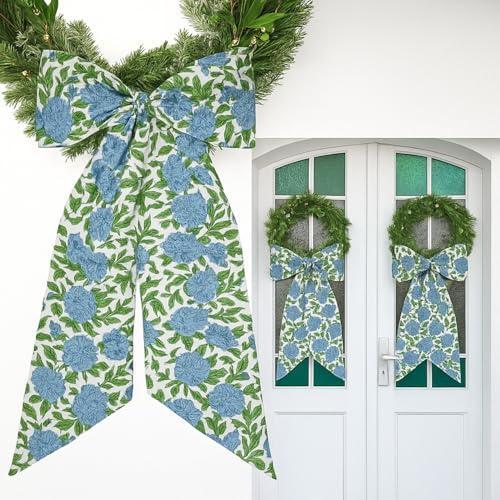 HunnmingRe 2 Pcs Hydrangea Bow Wreath Sash 24 x 16 Inch Christmas Wreath Sash for Front Door Holiday Floral Burlap Bow Accessories for Doorway Indoor Outdoor Garland Home (Blue Green)