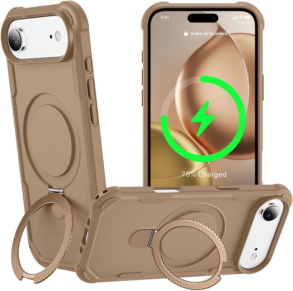 Designed for iPhone 17 Air Case with Magnetic Stand [Military Drop Protection][Compatible with Magnet] Shockproof 17 Air Phone Case with Ring Holder, Khaki