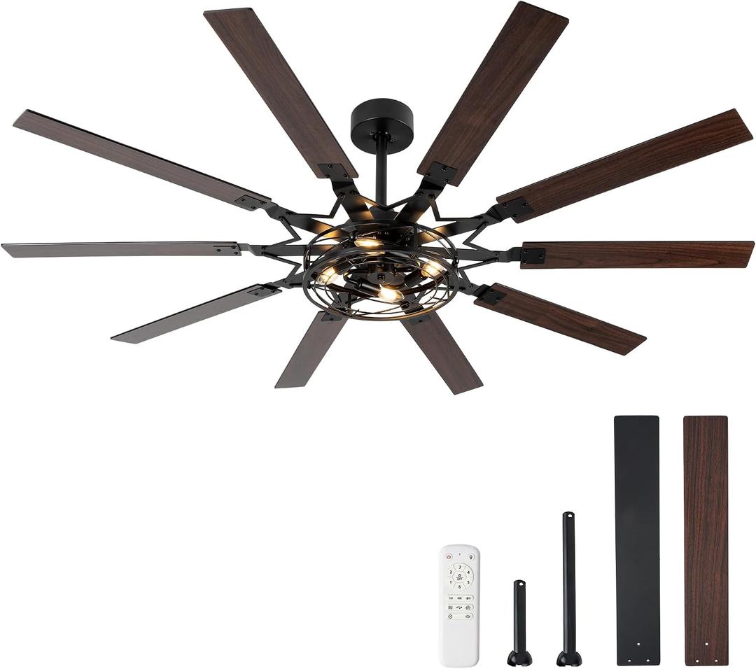 65 Inch Ceiling Fans with Lights, Farmhouse Ceiling Fan with Remote Rustic Caged Industrial Design, Dual Finish 10 Blades Black Ceiling Fans with Quiet Reversible Motor for Living Room Bedroom Patio, 65inche