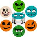 Happy Halloween Coasters Set of 4, Round Absorbent Ceramic Coaster, with Metal Holder and Cork Base, Spooky Face Monster Coasters for Coffee Table Home Decor Kitchen Housewarming Gifts