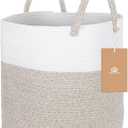 ShellKingdom Laundry Basket, Large Natural Rope Woven Storage Basket with Handles for Home, Living Room, Laundry, Storage Organizer for Blankets, Clothes, Toys, 19.7 x 14.96 INCH (2-Toned White Khaki) (58L)
