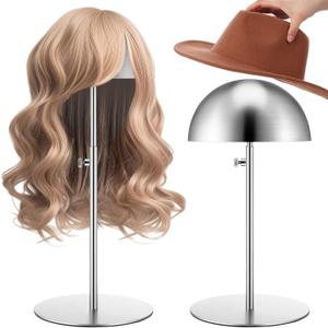 Sintuff 2 Pcs Hat Display Stand 7.9-15.7 Inch Adjustable Hat Holder Sturdy Wigs Head Stand Anti-rust Non-slip Stable Stainless Steel Metal Hat Rack for Multiple Hats Storage Wig(Silver,Round Base)