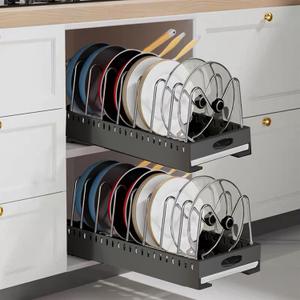 Pull Out Pots and Pans Organizer Under Cabinet, 2 Pack Pots and Pans Organizerwith 9 Dividers, Sliding Lid Holder and Pan Rack Slide Out inside Cabinet Storage for Pot Lid, Bakeware, Dishes, Black (20.5in Depth)