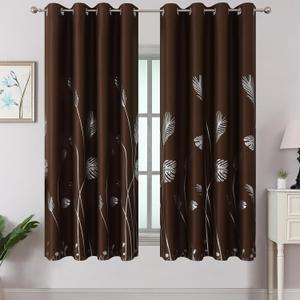 Estelar Textiler Brown Blackout Curtains 63 Inches Long, Room Darkening Curtains for Bedroom, Thermal Insulated Drapes with Silver Foil Print Palm Leaf Pattern for Living Room, 52Wx63L, 2 Panels