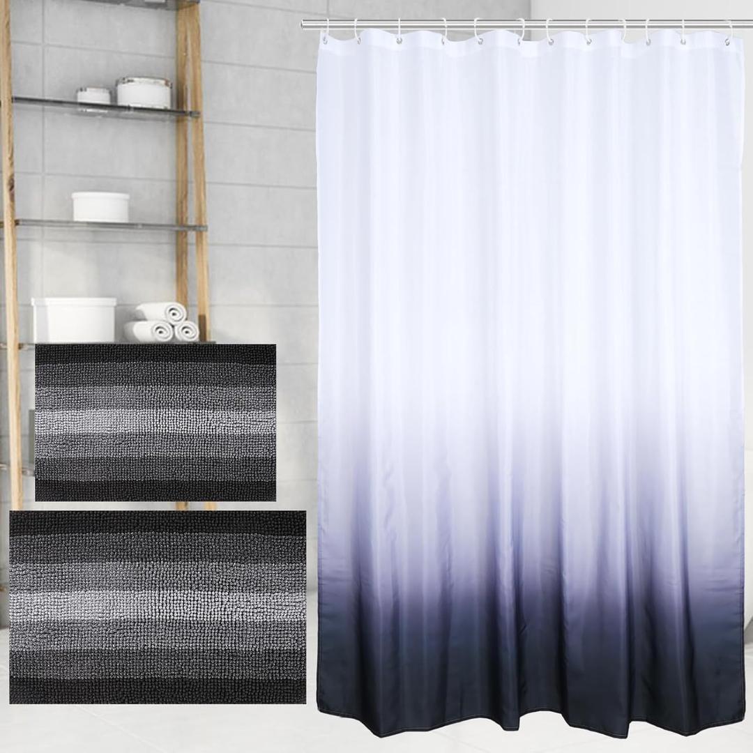 3 PCS Black and White Shower Curtain and Rug Sets with 12 Hooks, 71 x 71 Waterproof Ombre Bathroom Shower Curtains Set for Hotel Bathroom Decor