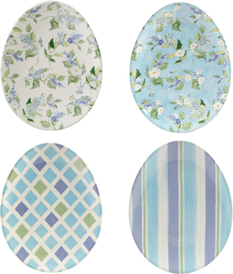 International Easter Morning Oval Egg Plates, Set of 4, 10-Inch Ceramic Assorted Designs, Spring Floral and Striped Patterns, Easter Serveware 