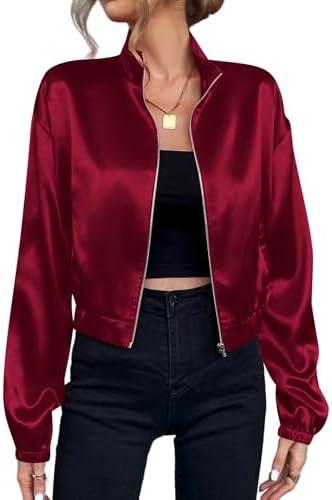Verdusa Women's Bomber Satin Lightweight Jacket Drop Shoulder Long Sleeve Zip Up Outerwear Size M