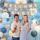 Dusty Blue Baby Shower Decorations- Boy Baby Shower Decor Set with- Welcome Baby Banner, Clothes Banner, Cake Topper, Tissue Pom Poms, Dusty Blue Balloons | Boho Baby Boy Shower Decorations