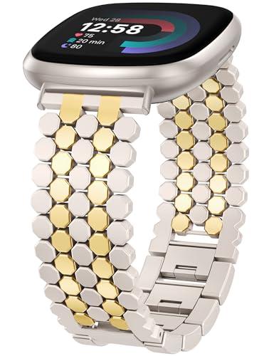 Minyee Compatible with Fitbit Versa 4/Sense 2/Versa 3/Sense Band Women, Dressy Stainless Steel Mesh Chain Honeycomb Designer Chic Gold Two-Tone Metal Starlight Link Bracelet Replacement Wristband