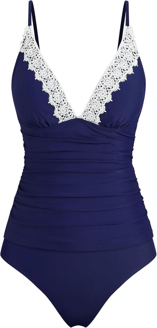 ZAFUL Women's Tankini Sets 2 Piece Swimsuit Deep V Neck Lace Panel Trim Vest Swimwear Tummy Control Bikini, Medium 